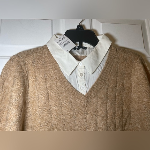 1.state Womans Twofer Cable Knit Sweater XL Tan Cropped Soft Collared NWT - Picture 2 of 7